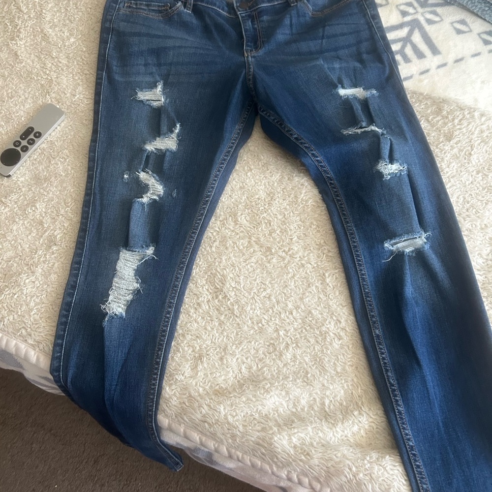 Hollister Women's Distressed Skinny Jeans - Dark Blue